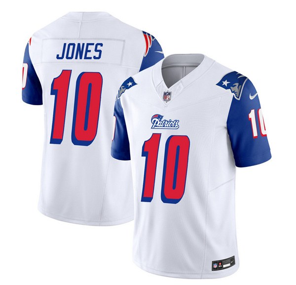 Men's New England Patriots #10 Mac Jones White/Blue 2023 F.U.S.E. Vapor Limited Football Stitched Jersey - Click Image to Close